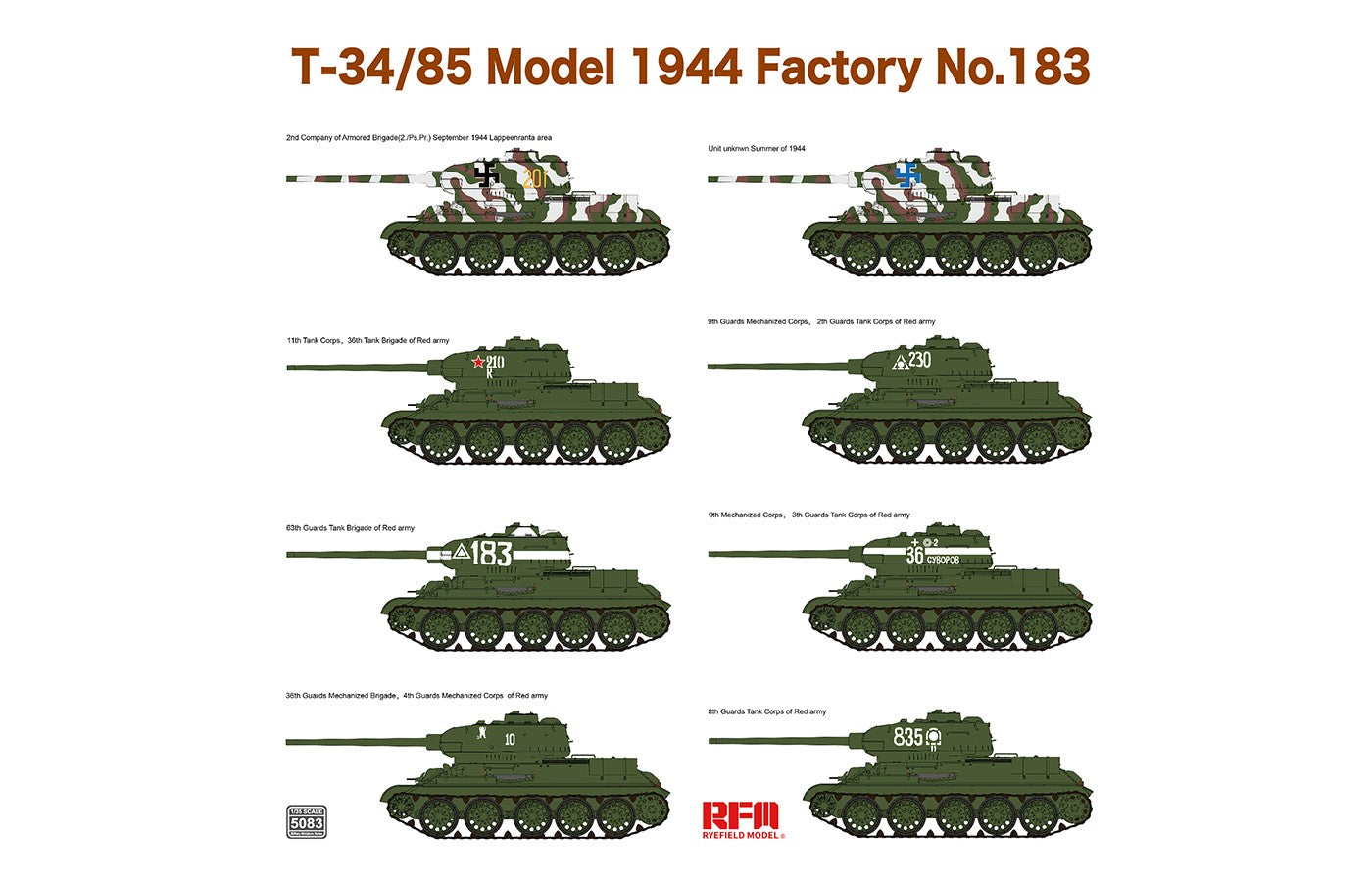 Rye Field Model 5083 1/35 T-34/85 Model 1944 Factory No. 183